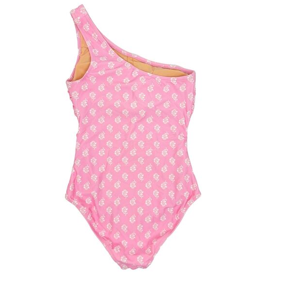 J.CREW Printed Ruched One-Shoulder Swimsuit M Tulip Pink White One Piece NWT B5 - Picture 3 of 6